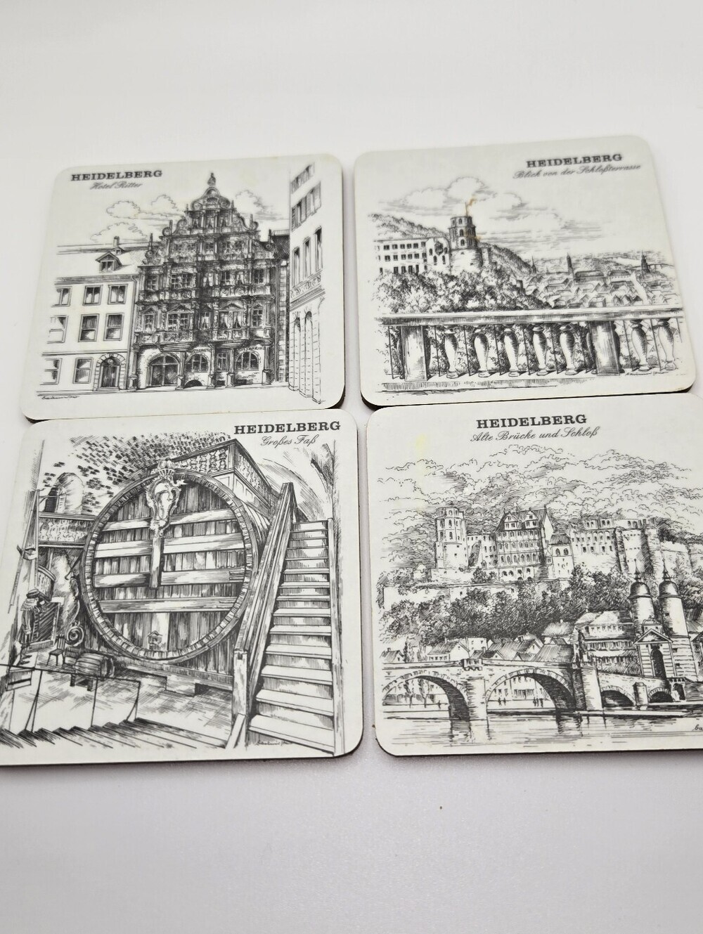 Vintage Heidelberg Germany Historic Scene Cork Back Coasters In Black & White - Picture 1 of 7